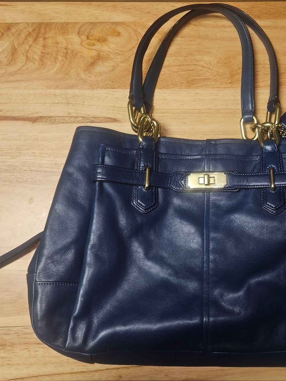 Coach Navy Leather Shoulder Bag with Gold Hardware